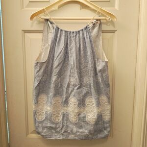 Y2K Studio M Pinstripe Tank w Lace Embroidery, Scoop Gathered Neck & Tie Back